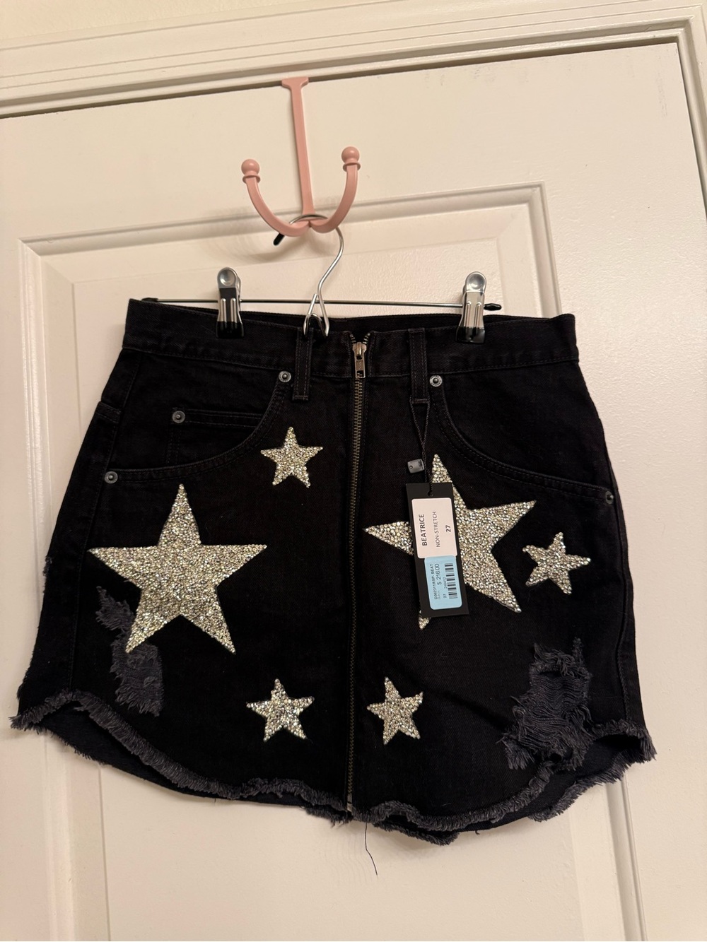 Carmar Black Denim Mini Skirt with Silver Glitter Stars